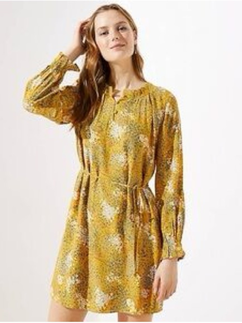 LOFT Mustard Floral Long Sleeve Dress